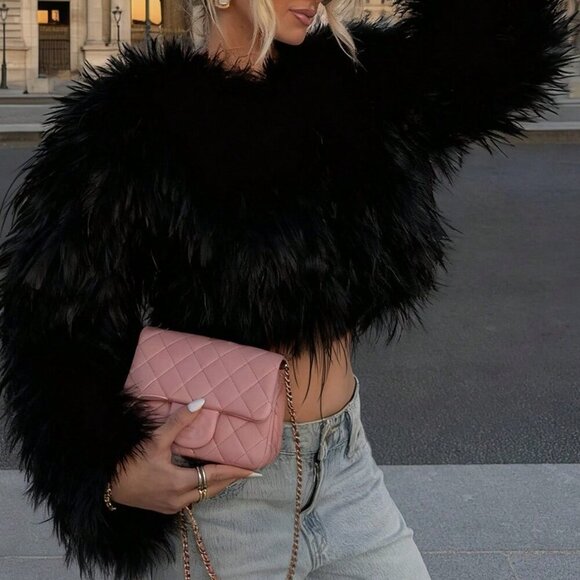 Black Casual Women's Crew Neck Coat - Picture 2 of 4